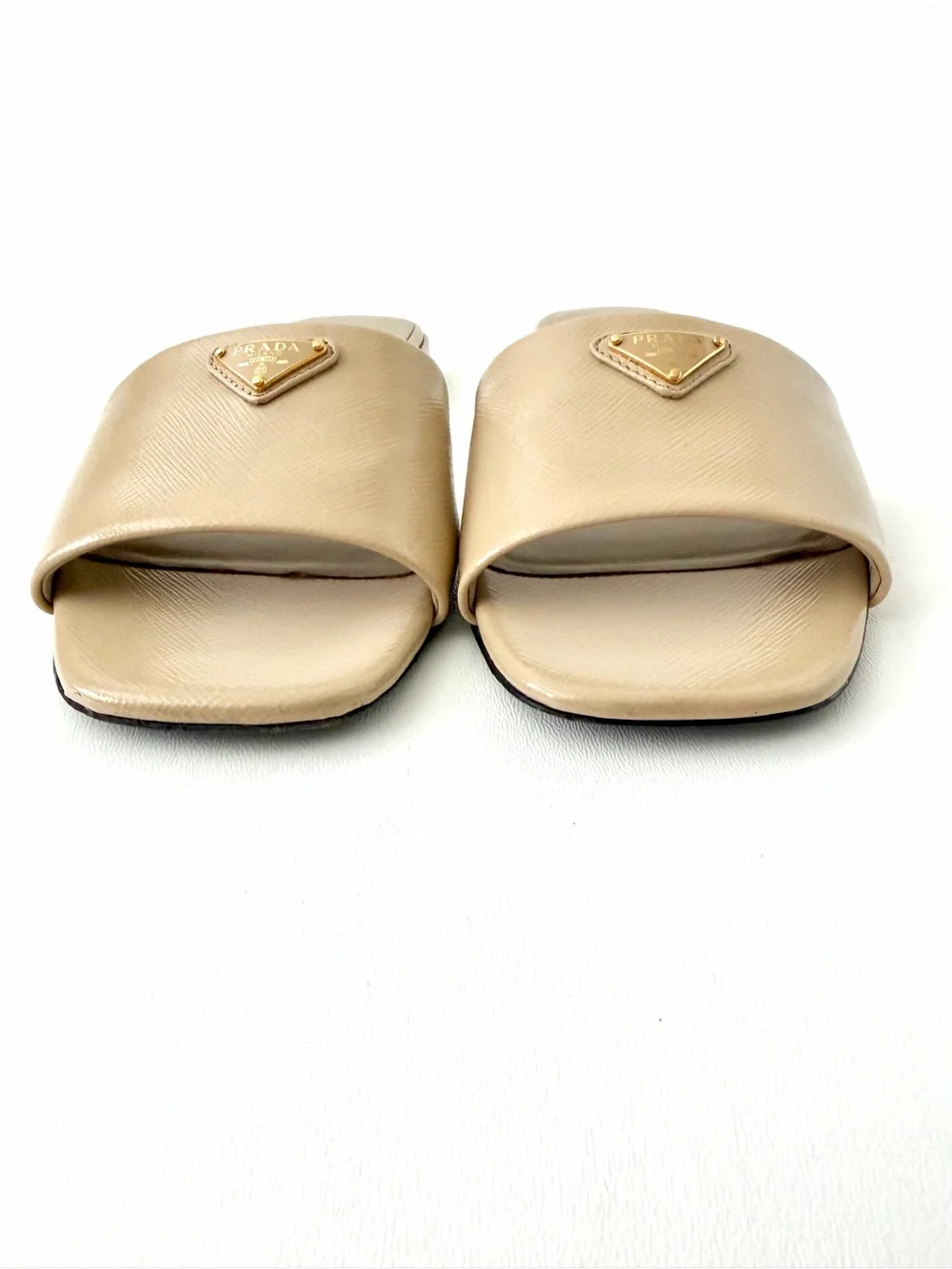PRADA | Saffiano Patent Leather Triangle Logo Slides Sandals Flats Beige Sand 38
